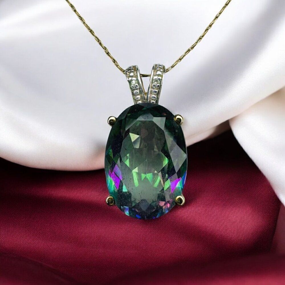 VINTAGE- 10k Gold- LARGE Mystic Topaz & Diamond Necklace -20"- Oval -3.3g